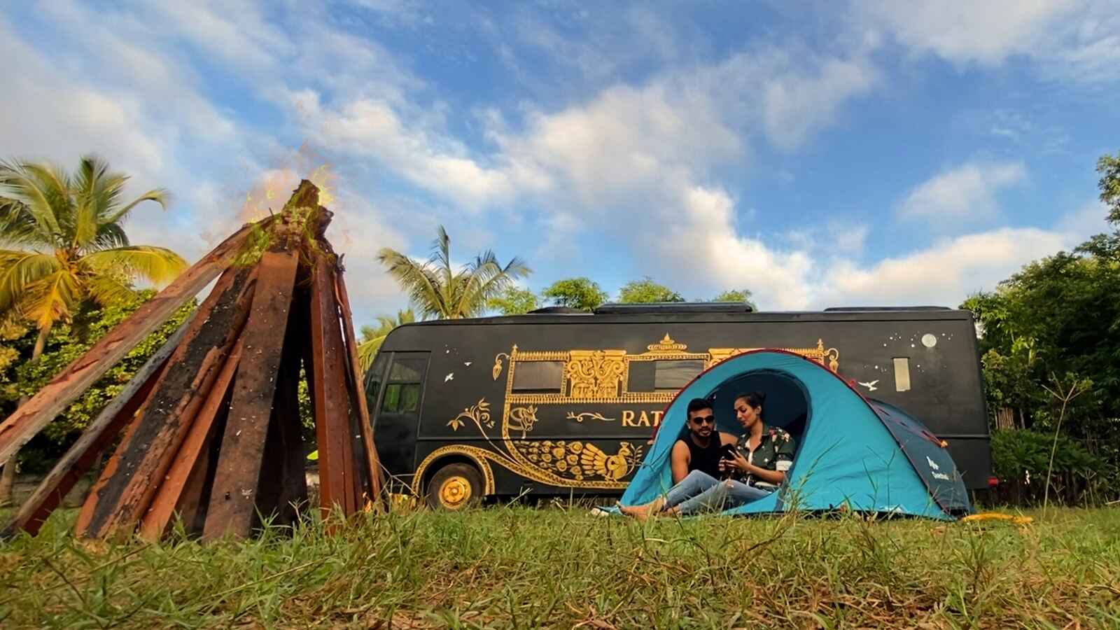 Black Caravan bonfire evening setup