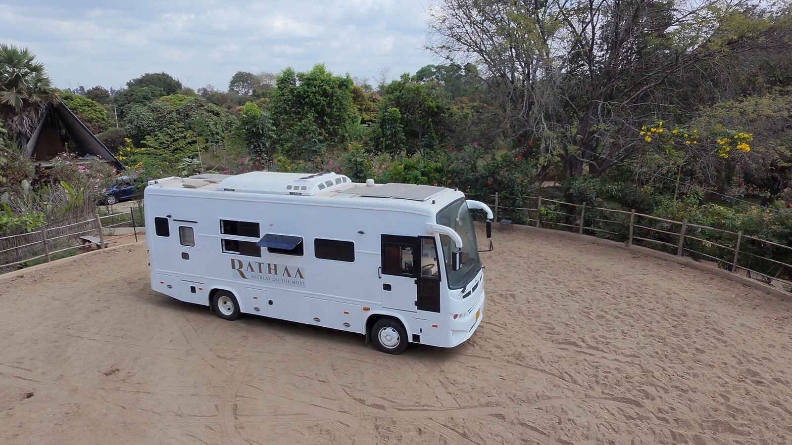 Luxury white caravan for rent in Bangalore — Ratha White Caravan exterior